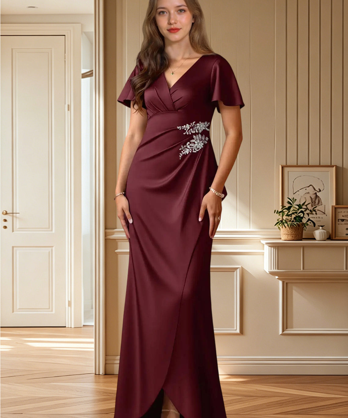 Augday Robins A-Line Pleated Stretch Satin Dress
