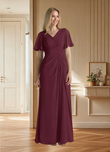 Augday Morning Glory A-Line V-Neck Ruched Chiffon Dress