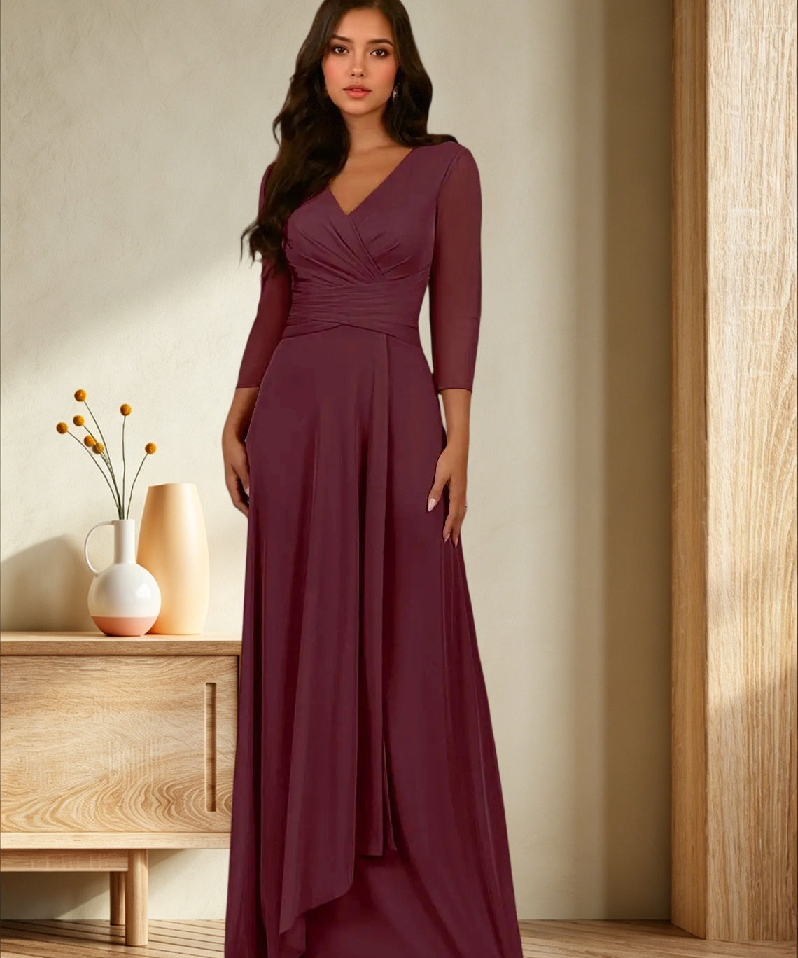 Augday Annetta A-Line V-Neck Pleated Mesh Dress