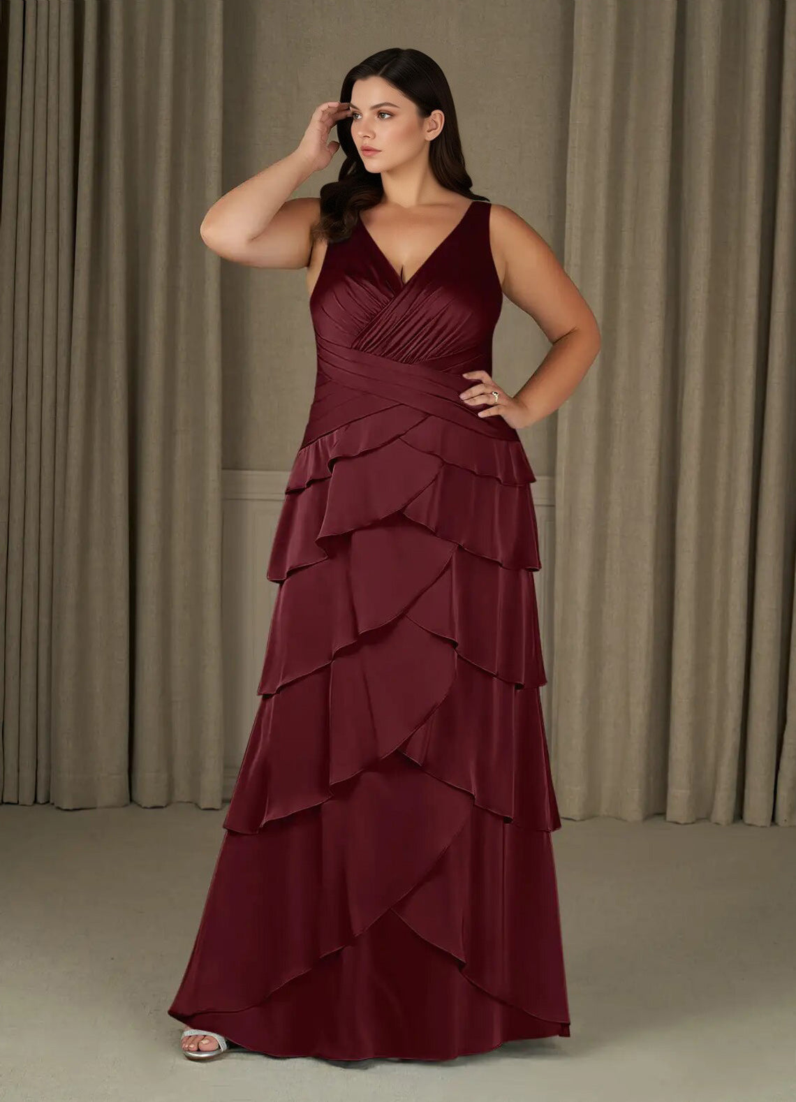Augday Viola A-Line Pleated Stretch Satin Dress Plus Size
