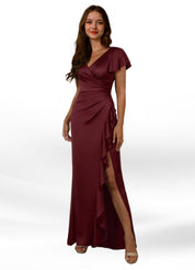 Augday Roya Mermaid V-Neck Pleated Stretch Satin Dress