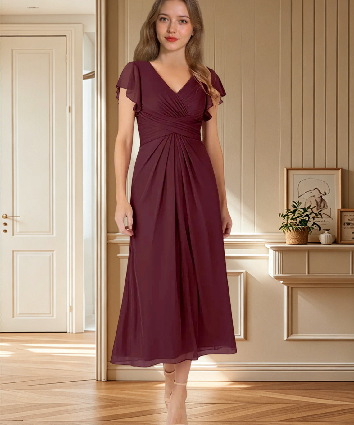 Augday Vera A-Line V-Neck Pleated Mesh Dress