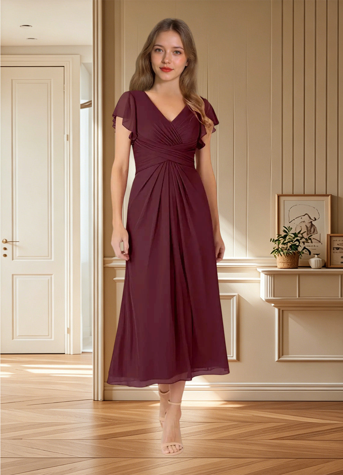 Augday Vera A-Line V-Neck Pleated Mesh Dress
