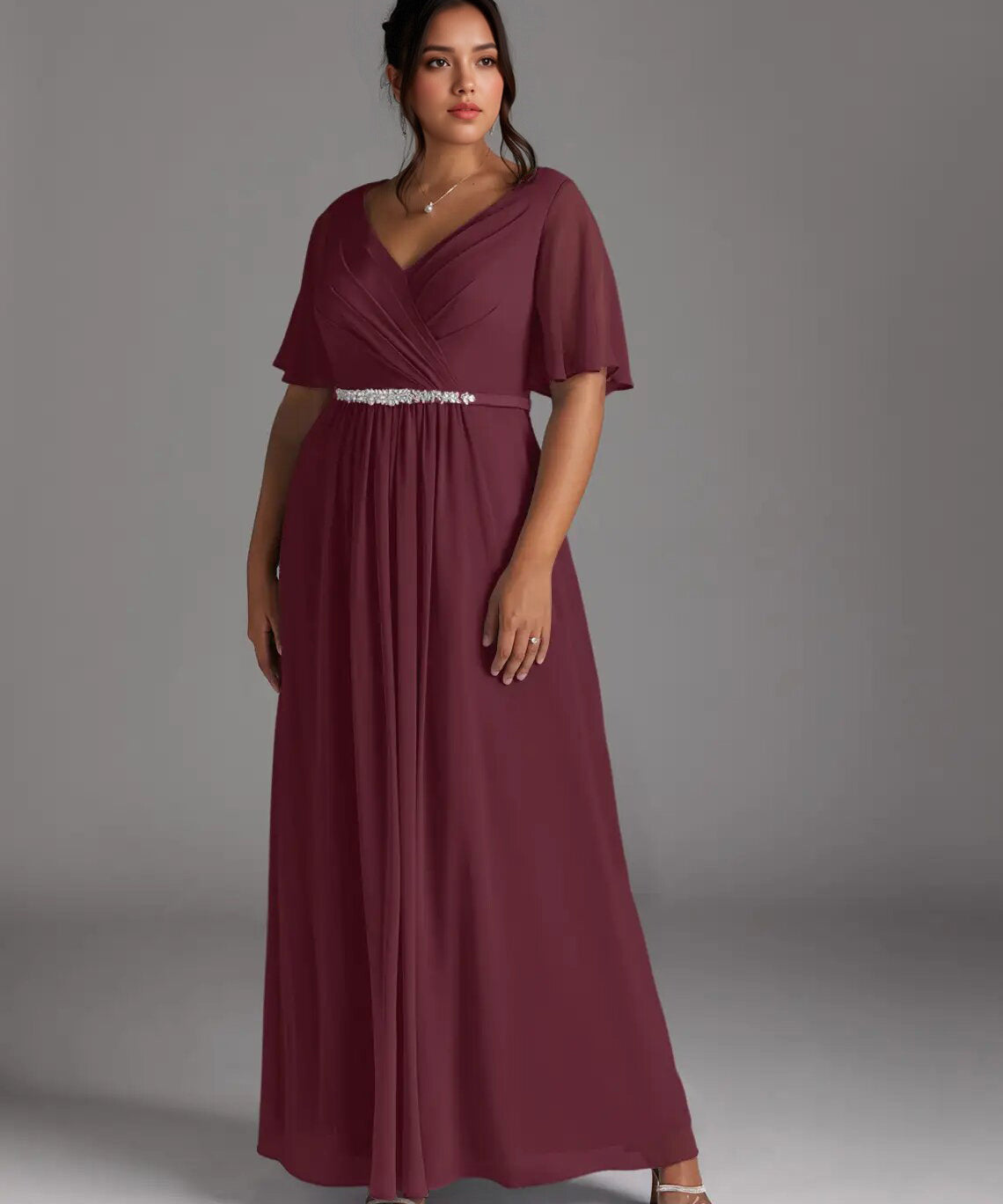 Augday A-Line V-Neck Pleated Chiffon Dress Plus Size