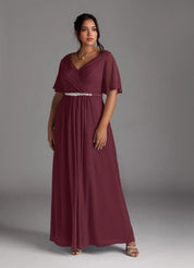 Augday A-Line V-Neck Pleated Chiffon Dress Plus Size