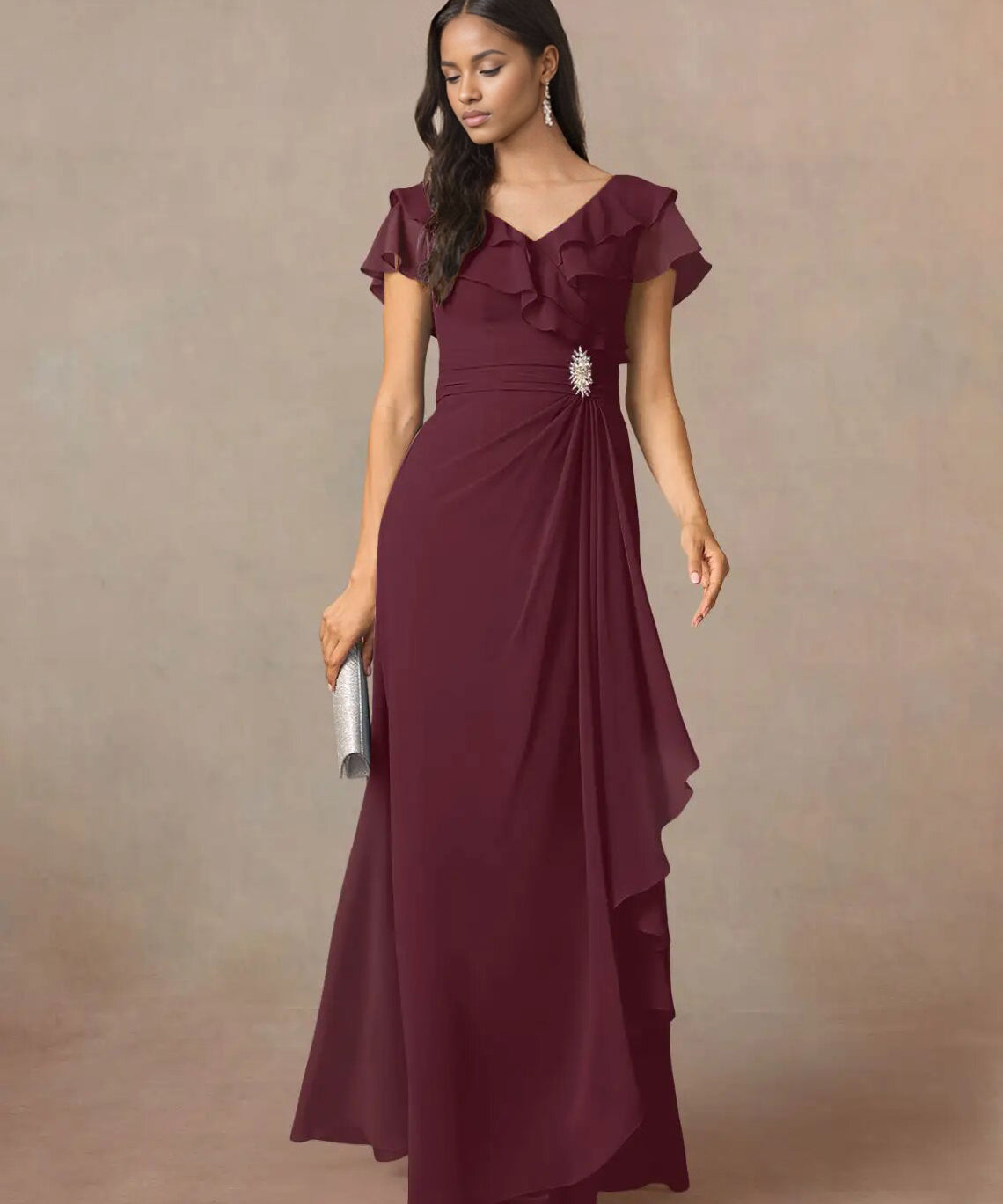 Augday A-Line V-Neck Ruched Chiffon Dress