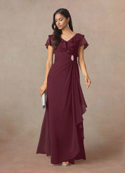 Augday A-Line V-Neck Ruched Chiffon Dress