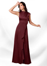 Augday Narine A-Line High Neckline Pleated Stretch Satin Dress