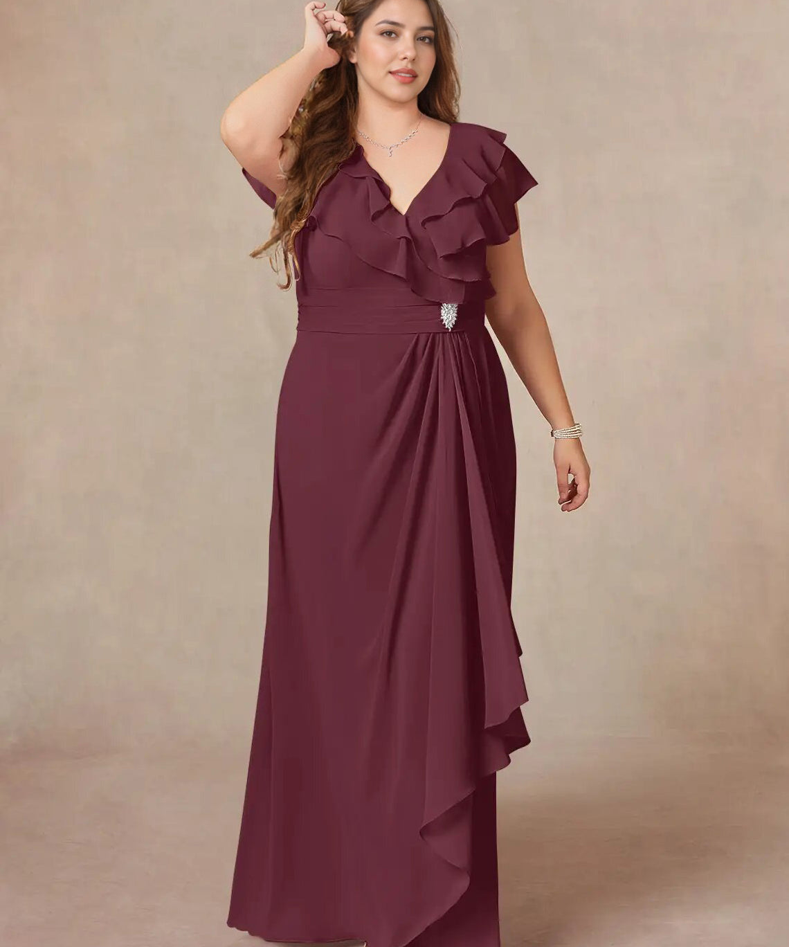 Augday A-Line V-Neck Ruched Chiffon Dress Plus Size