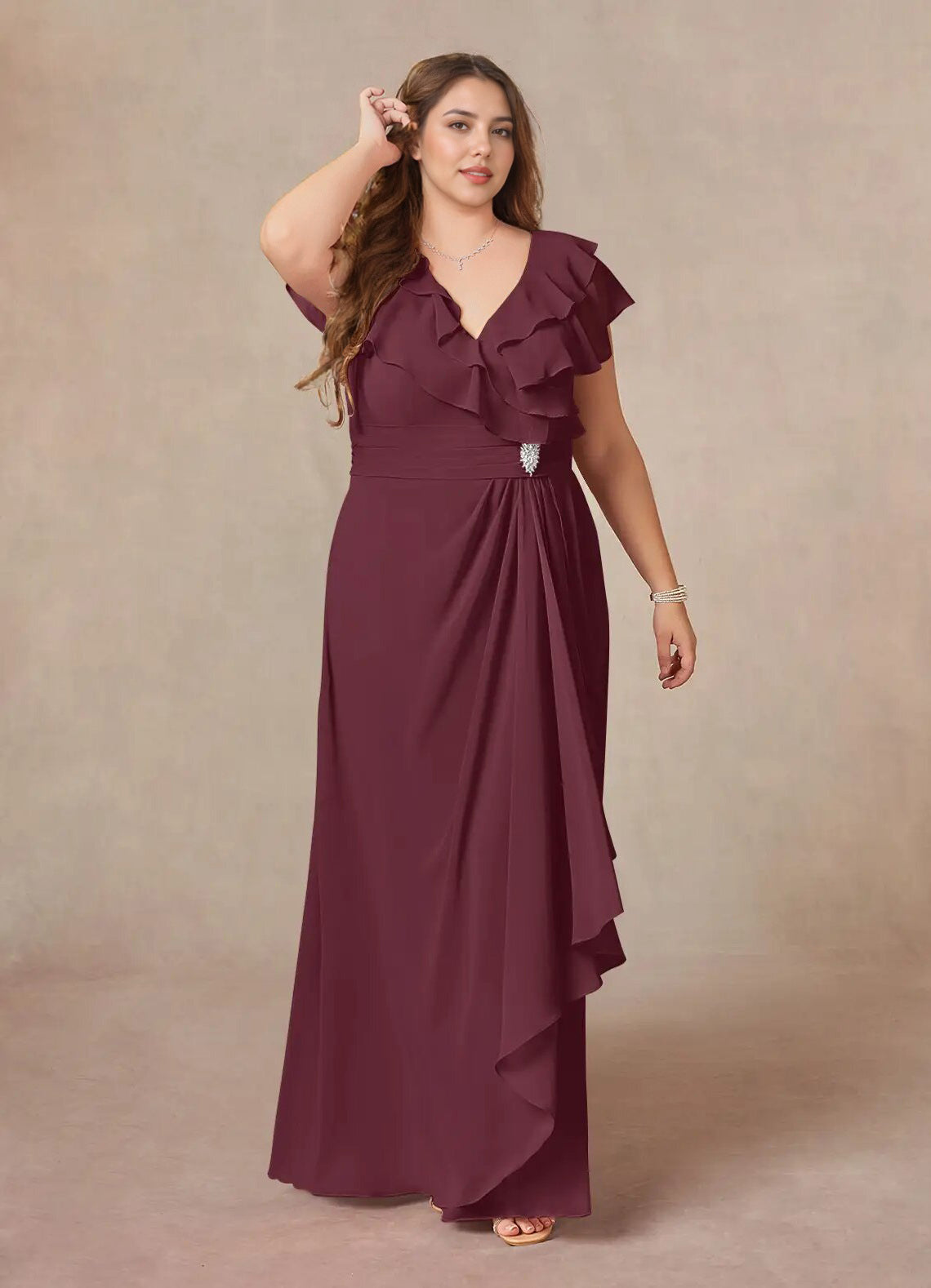 Augday A-Line V-Neck Ruched Chiffon Dress Plus Size