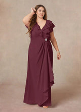 Augday A-Line V-Neck Ruched Chiffon Dress Plus Size
