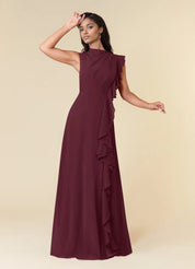 Augday A-Line High Neckline Pleated Chiffon Dress
