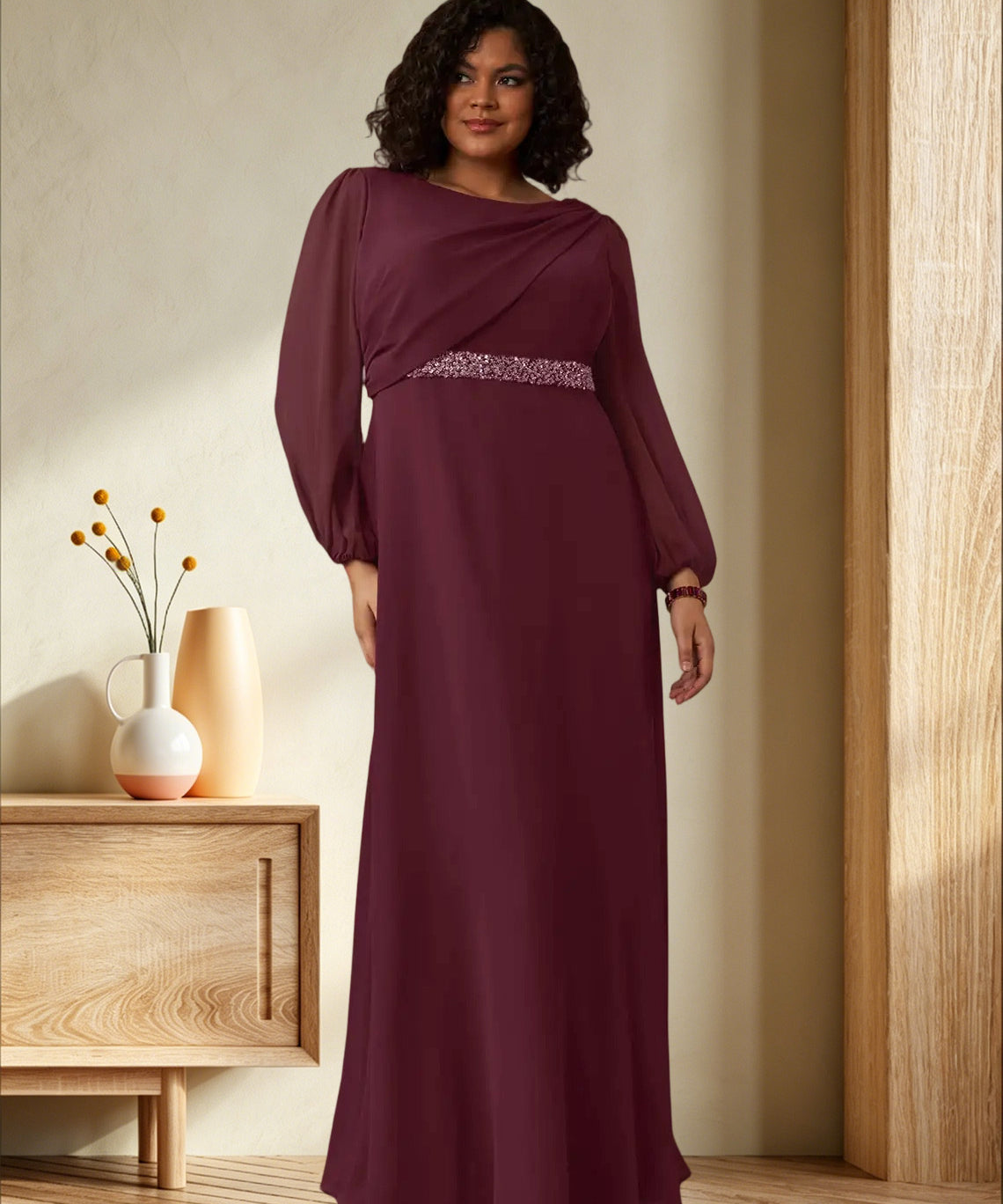 Augday Priyanka A-Line Boatneck Pleated Chiffon Dress