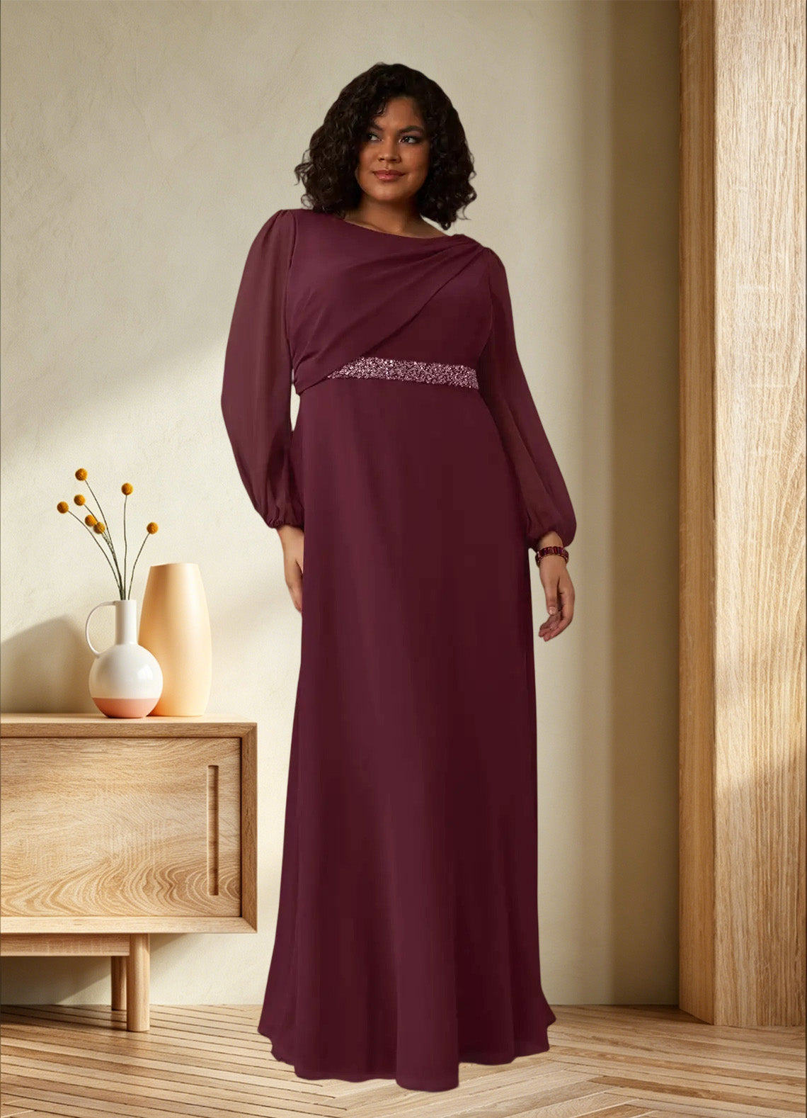 Augday Priyanka A-Line Boatneck Pleated Chiffon Dress