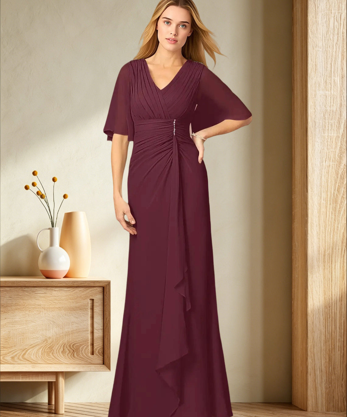 Augday Carson A-Line V-Neck Lace Chiffon Dress