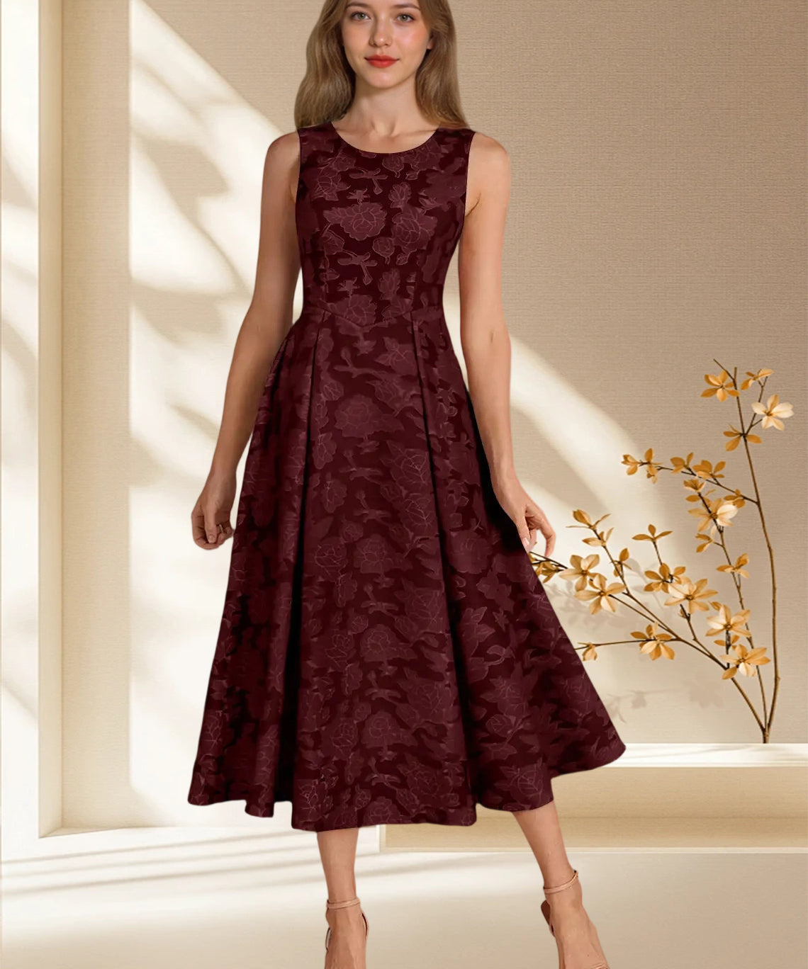 Augday Fulton A-Line Pleated Floral Burnout Dress