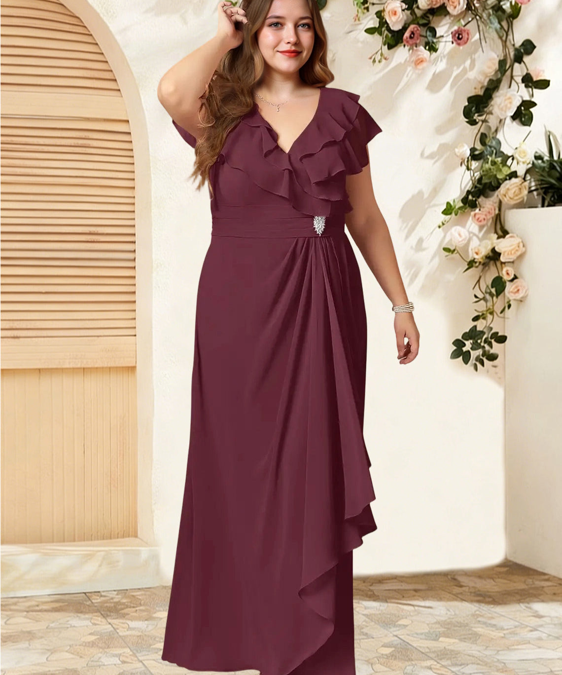 Augday Snapdragon A-Line V-Neck Ruched Chiffon Dress