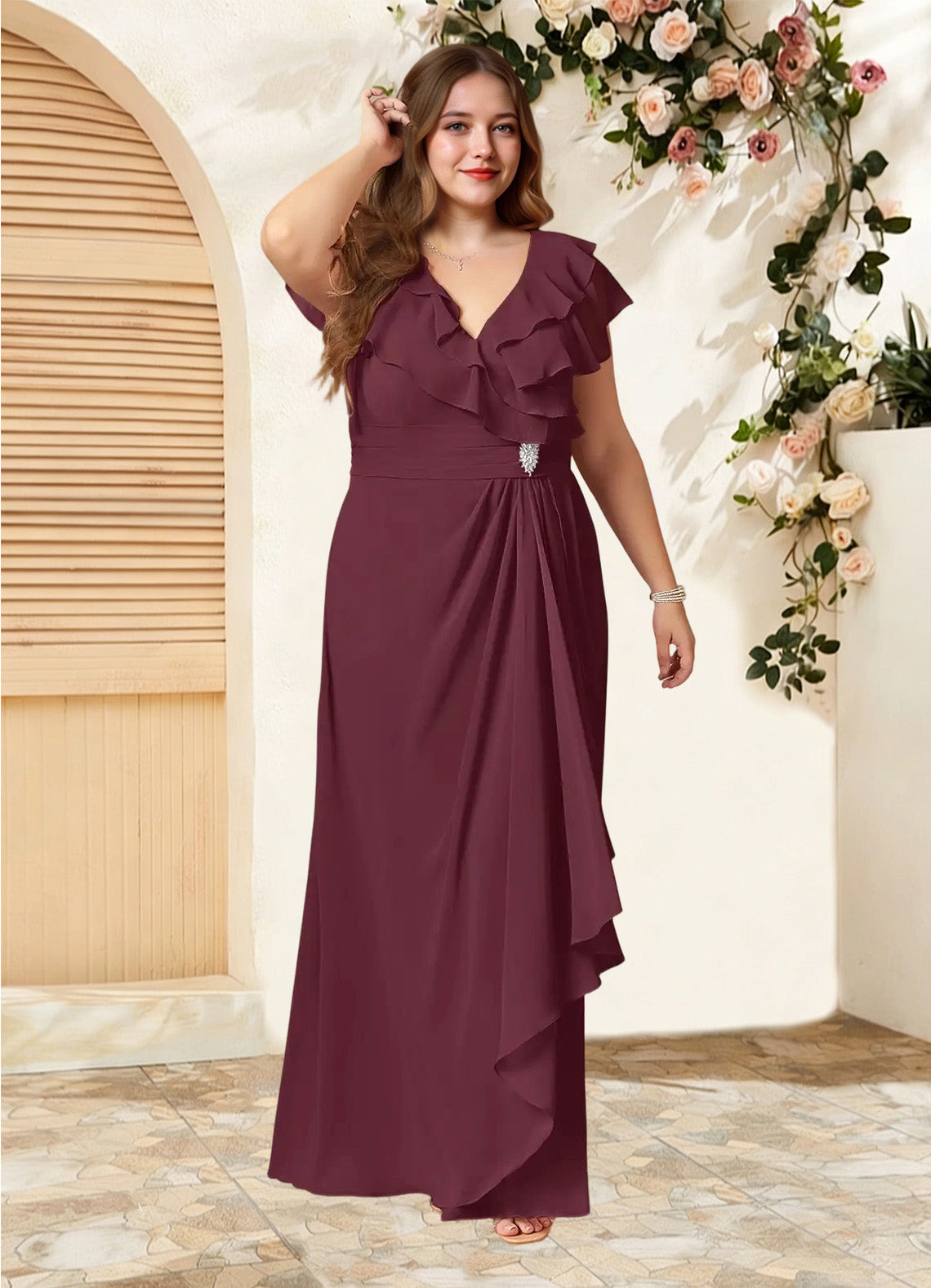 Augday Snapdragon A-Line V-Neck Ruched Chiffon Dress