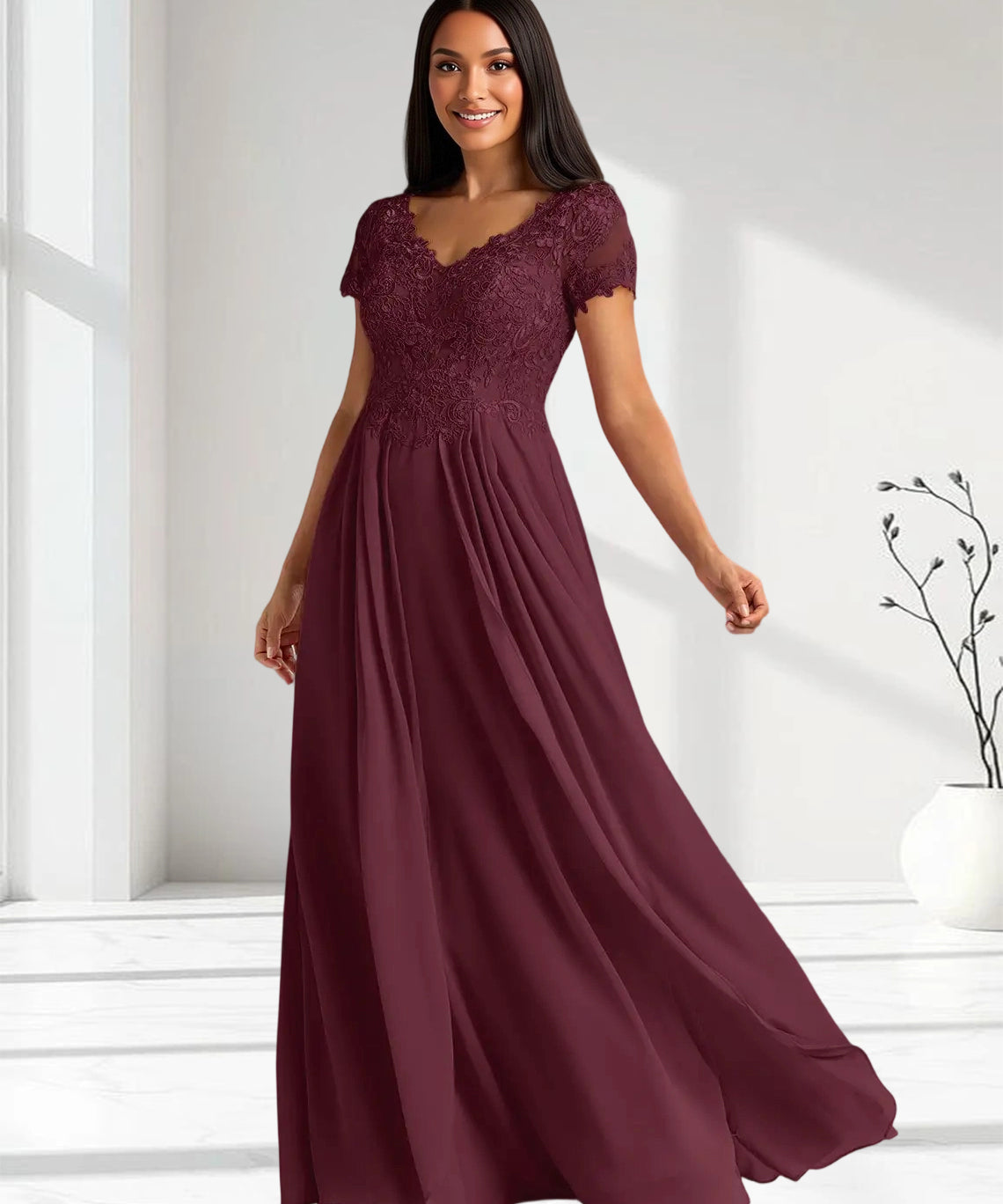 Augday Dunja A-Line V-Neck Lace Chiffon Dress