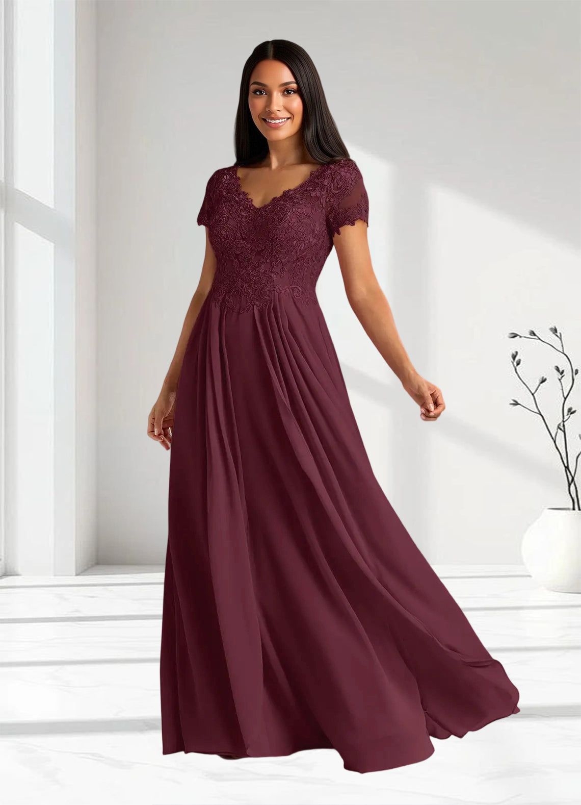Augday Dunja A-Line V-Neck Lace Chiffon Dress