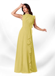 Augday Narine A-Line High Neckline Pleated Chiffon Dress