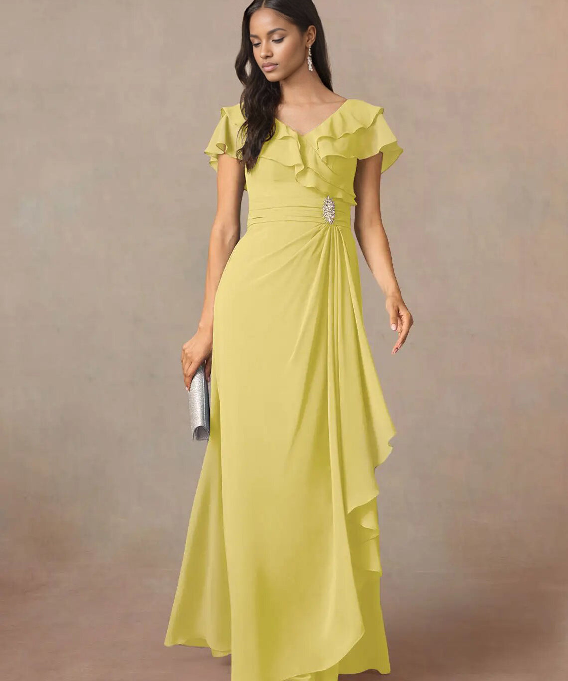 Augday A-Line V-Neck Ruched Chiffon Dress