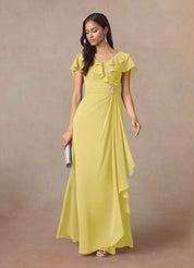 Augday A-Line V-Neck Ruched Chiffon Dress