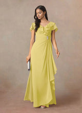 Augday A-Line V-Neck Ruched Chiffon Dress