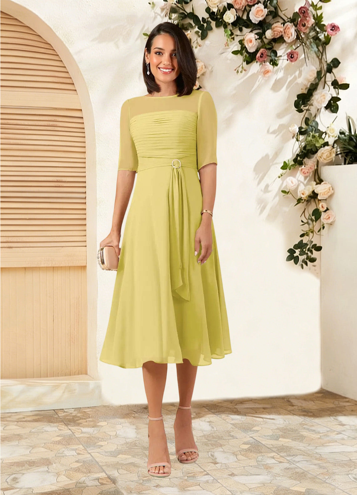 Augday Naomi A-Line Boatneck Pleated Chiffon Dress