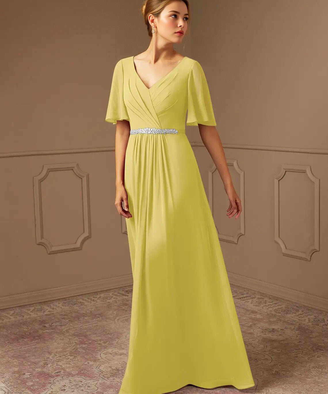 Augday A-Line V-Neck Pleated Chiffon Dress
