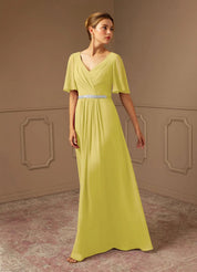 Augday A-Line V-Neck Pleated Chiffon Dress