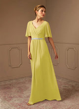 Augday A-Line V-Neck Pleated Chiffon Dress