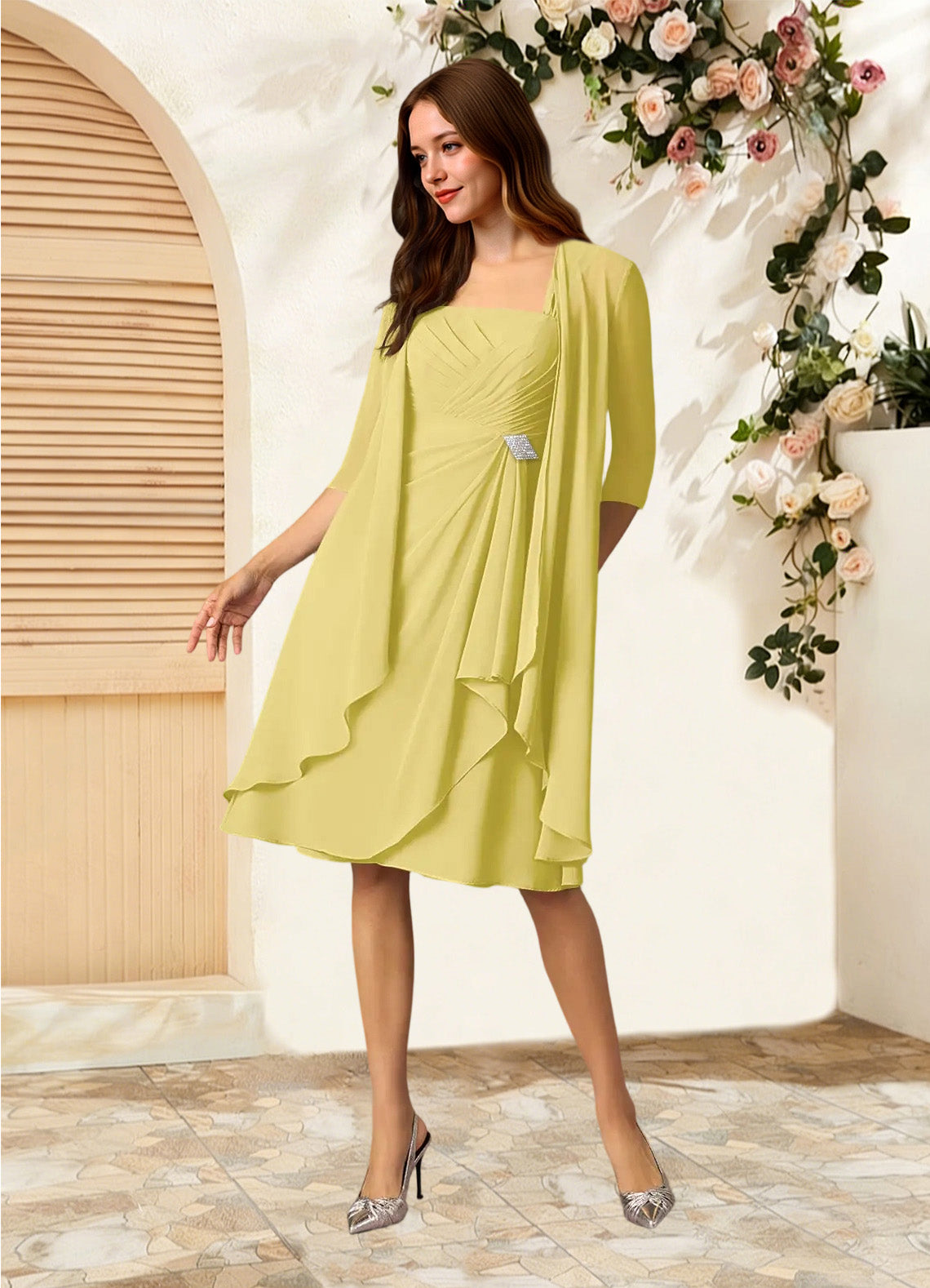Augday Olivia A-Line Square Neckline Pleated Chiffon Dress