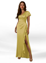 Augday Roya Mermaid V-Neck Pleated Stretch Satin Dress