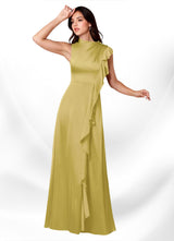 Augday Narine A-Line High Neckline Pleated Stretch Satin Dress