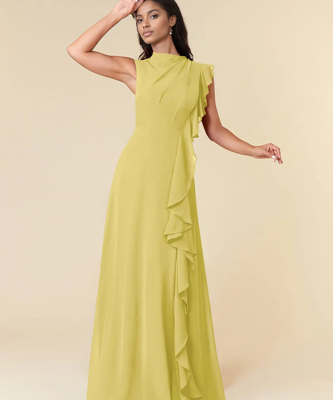 Augday A-Line High Neckline Pleated Chiffon Dress