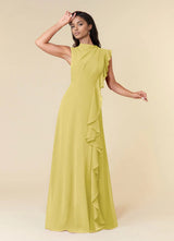Augday A-Line High Neckline Pleated Chiffon Dress