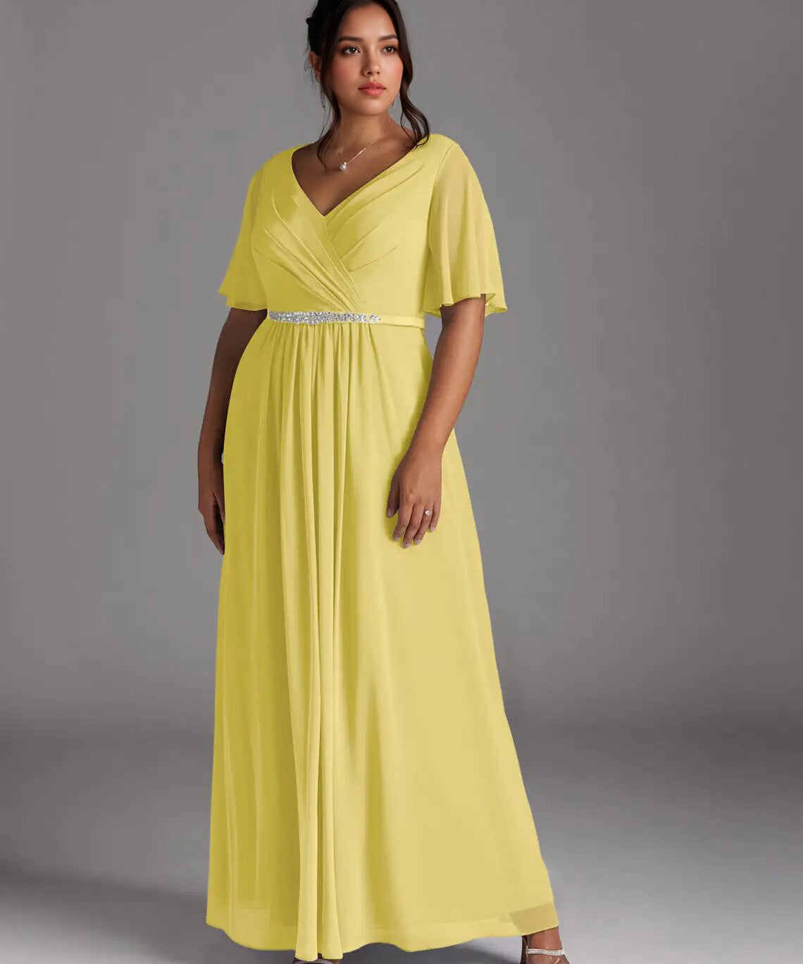 Augday A-Line V-Neck Pleated Chiffon Dress Plus Size