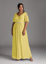 Augday A-Line V-Neck Pleated Chiffon Dress Plus Size