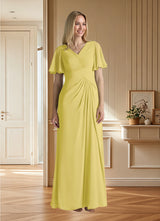 Augday Morning Glory A-Line V-Neck Ruched Chiffon Dress