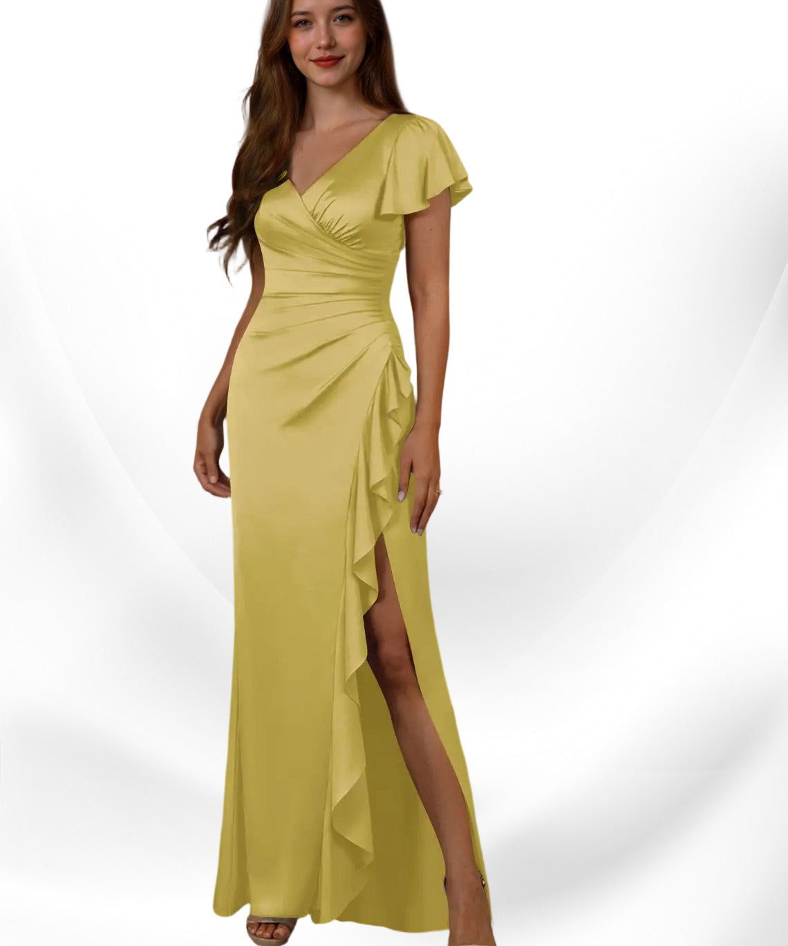 Augday Roya Mermaid V-Neck Pleated Stretch Satin