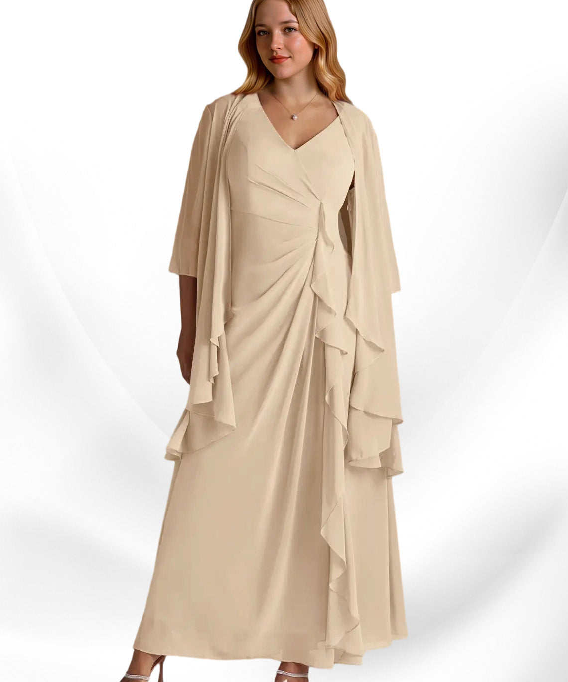 Augday Manuella A-Line V-Neck Pleated Chiffon Dress