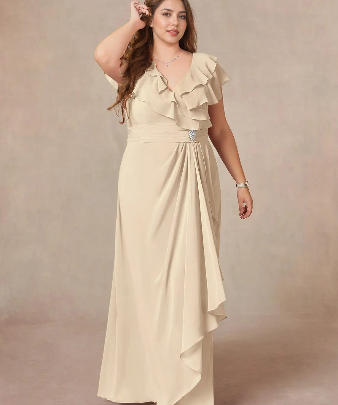 Augday A-Line V-Neck Ruched Chiffon Dress Plus Size