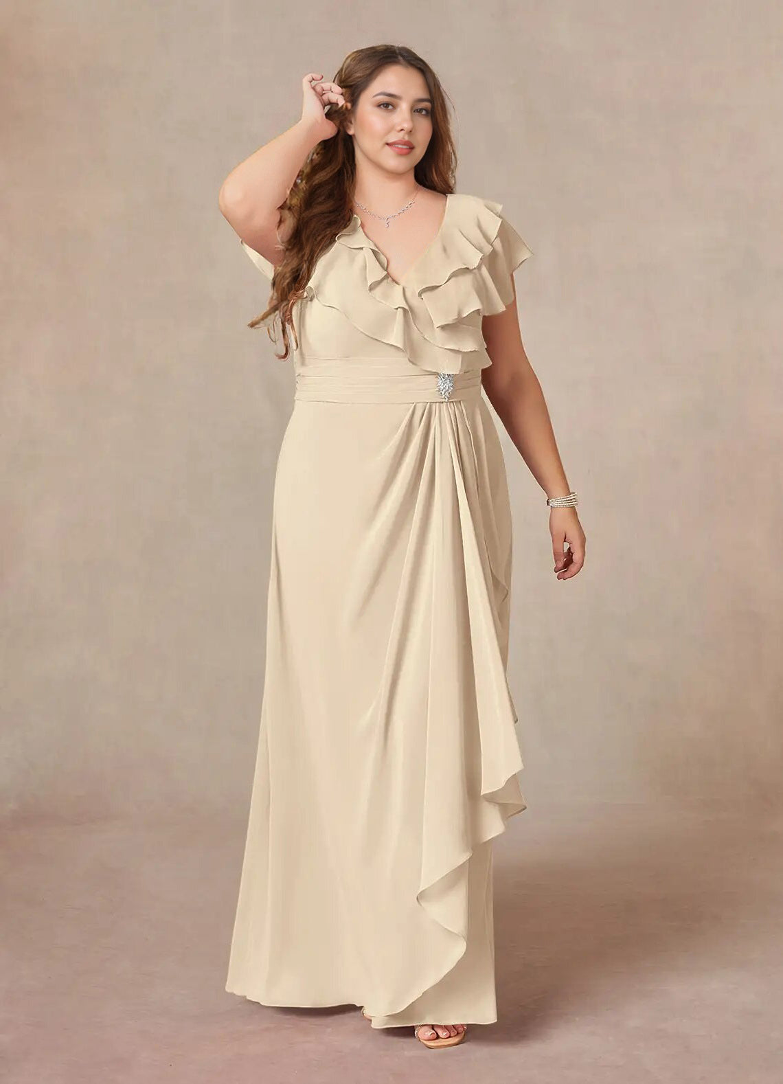 Augday A-Line V-Neck Ruched Chiffon Dress Plus Size