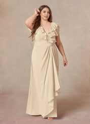 Augday A-Line V-Neck Ruched Chiffon Dress Plus Size