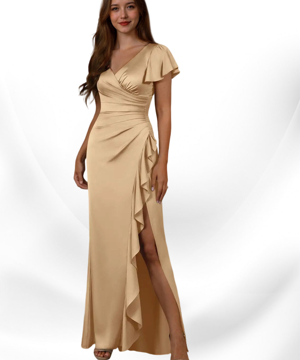 Augday Roya Mermaid V-Neck Pleated Stretch Satin