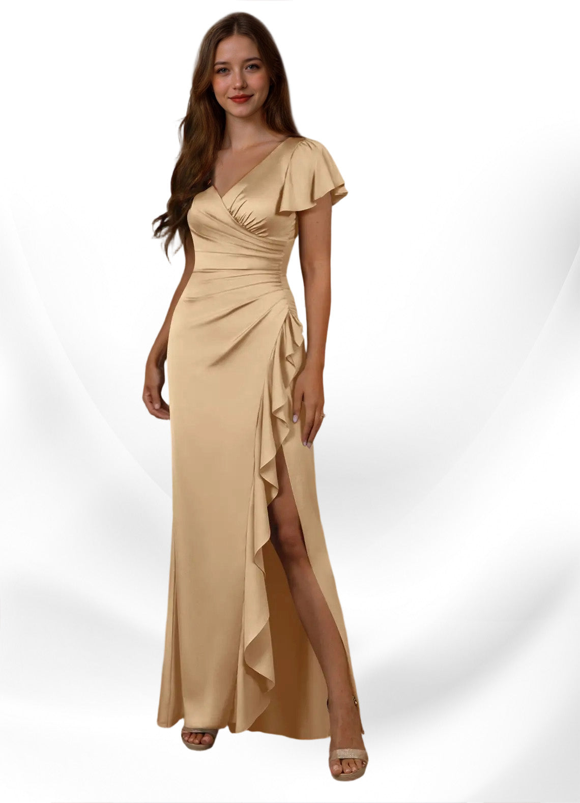 Augday Roya Mermaid V-Neck Pleated Stretch Satin