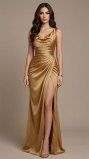 Summer Hot Sale 🌙 THE SATIN SLIP GOWN: COWL NECK, SIDE RUCHING, OPEN BACK