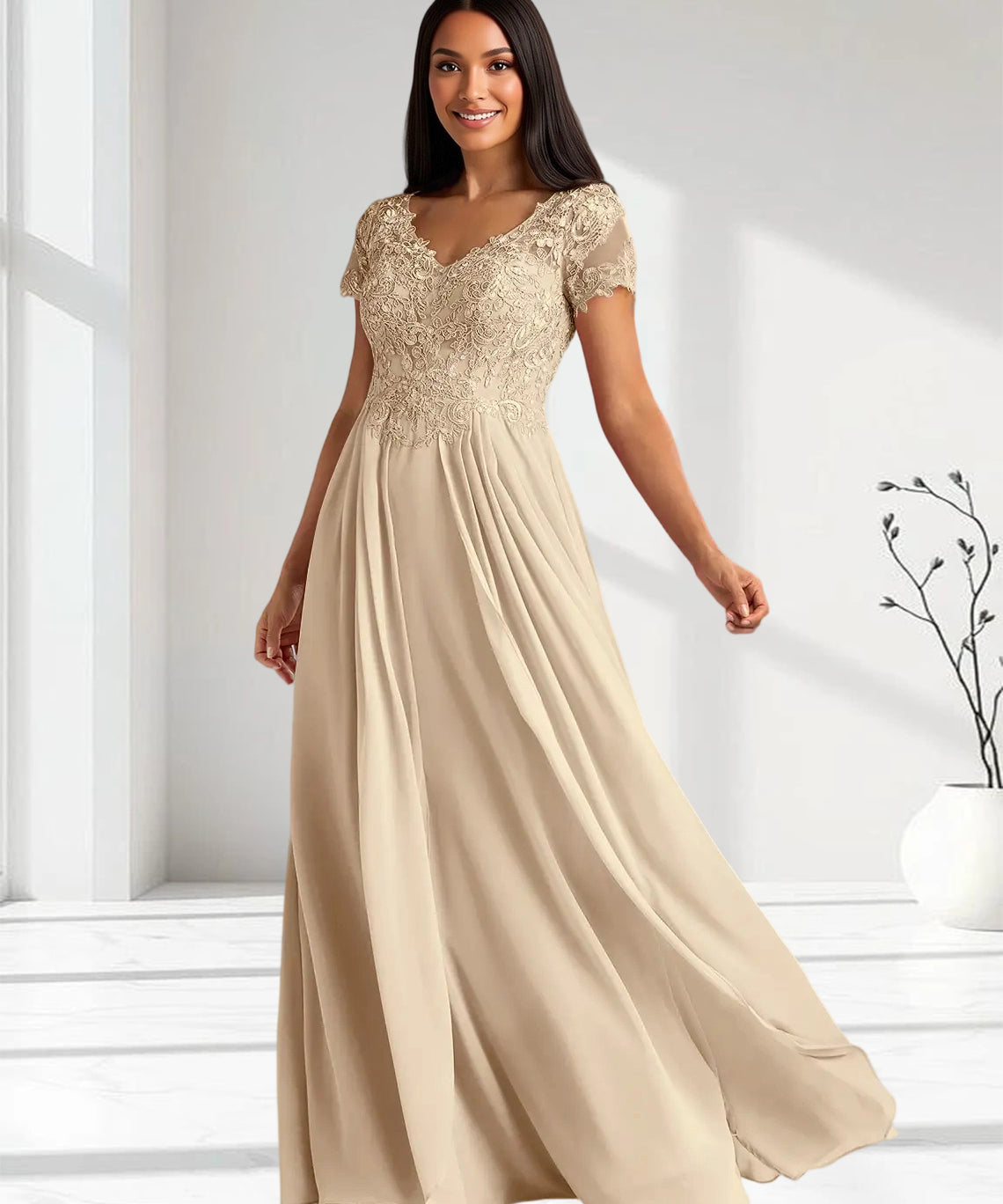 Augday Dunja A-Line V-Neck Lace Chiffon Dress