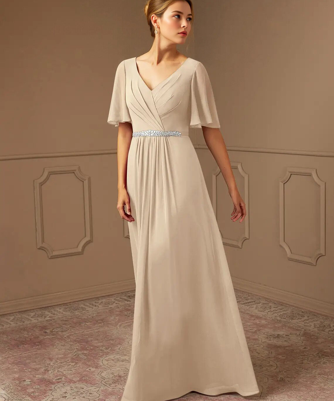 Augday A-Line V-Neck Pleated Chiffon Dress